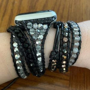 Natural Stone With Beads on Black Apple Watch Strap Victoria Emerson